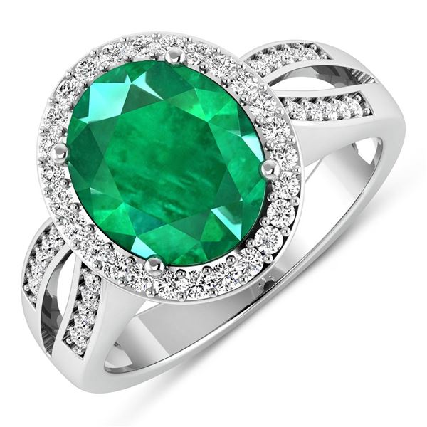 14KT White Gold 3.14ctw Zambian Emerald and Diamond Ring