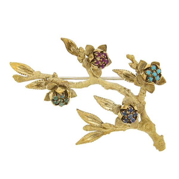 Vintage 18K Gold Ruby Emerald Sapphire & Turquoise Textured Branch Pin Brooch