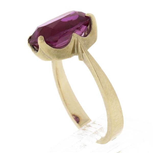 Vintage 14K Yellow Gold Oval Prong Solitaire Pink Stone w/ Scalloped Basket Ring