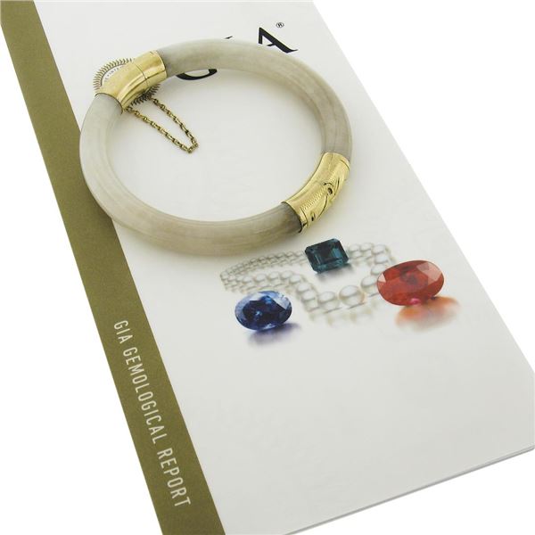 Vintage 14k Gold GIA Arc Shape Light Brown Jade w/ Floral Work Bangle Bracelet