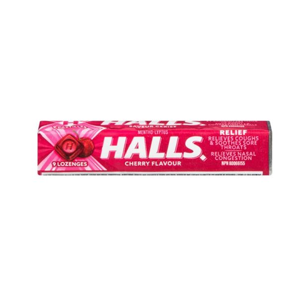 8 Halls Cherry Flavour 9-Lozenge Packs, Relief for Throat and Nasal Symptoms