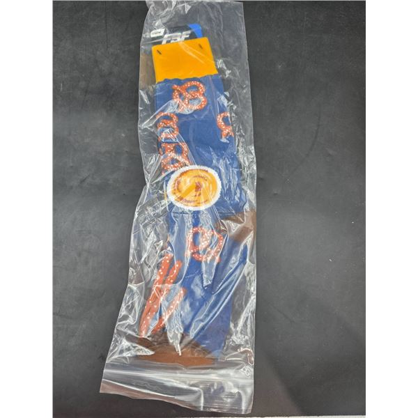 FBF OSFM NFL Licensed Blue and Orange Socks with Size Information