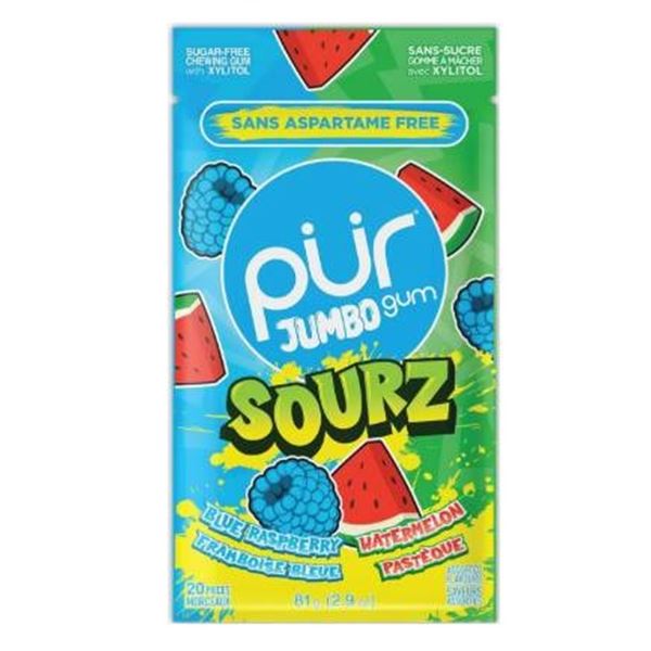 PUR Sourz Jumbo Gum Blue Raspberry and Watermelon, 10 Bags