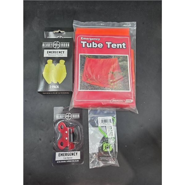 Emergency Survival Gear Set Including Tent, Ponchos, Can Opener, and Compass