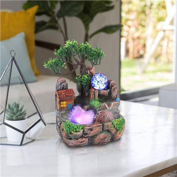 Surprizon Tabletop Water Fountain with LED Lights and Tree Decoration