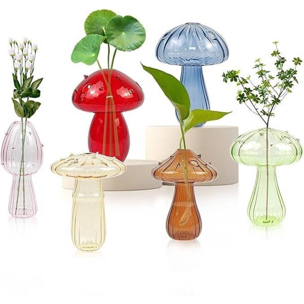 Lot of 6 Glass Mushroom-Shaped Decorative Vases in Assorted Colors