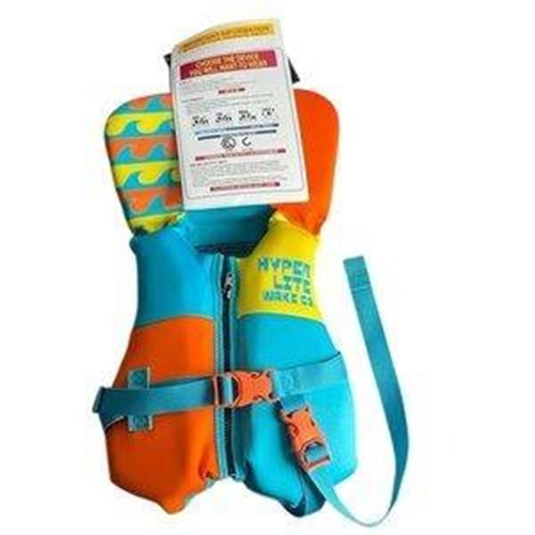 Hyperlite Wake Co Child Life Jacket with Blue and Orange Design