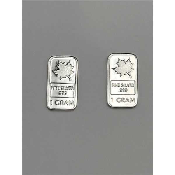 1 Gram .999 Fine Silver Bars Featuring Maple Leaf Design – Set of 2