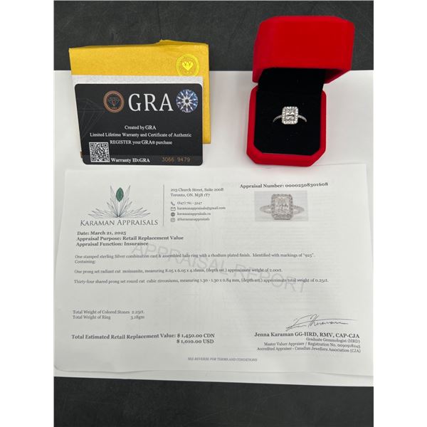 $1450 APPRAISED RADIANT CUT 2.0 CARAT .925 SILVER RING