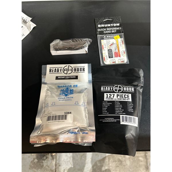Lot of Emergency Kit Components: Multitool, Cold Packs, Fishing Kit, and Reference Cards