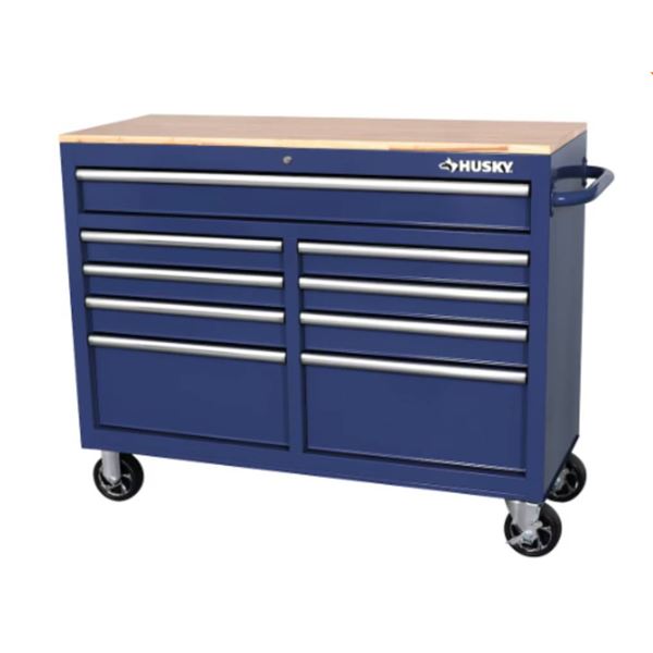 Husky Standard-Duty 46 inch W 9-Drawer Mobile Workbench with Solid Wood Top in Gloss BlueModel # H46