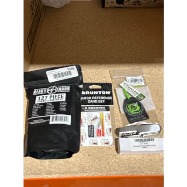 Lot of Emergency Survival Kit With Multitool Knife, Compass, Reference Cards, and Fishing Kit