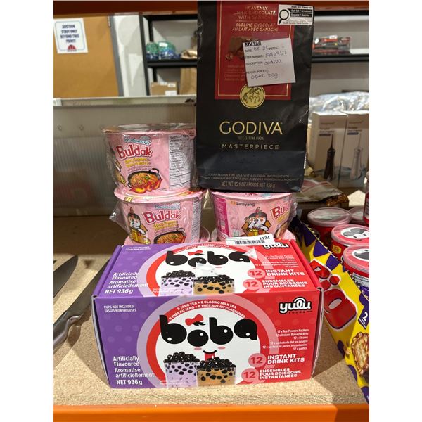 Lot of Food Items Including Boba Kits, Noodles, and Godiva Chocolate
