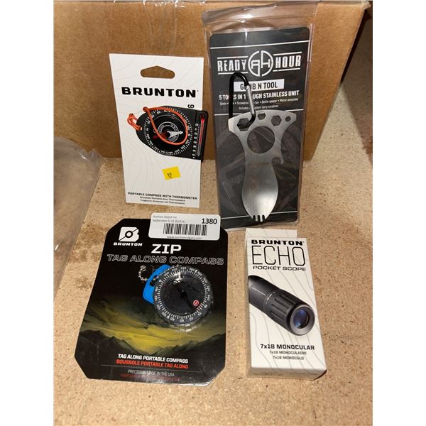 Lot of Outdoor Gear  Brunton Echo Pocket Scope, Compasses, and Ready Hour Tool Set