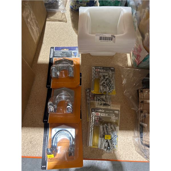 Lot of Home Improvement  Supplies Including Stinson Hooks, Cobra Anchors, and Plastic Containers