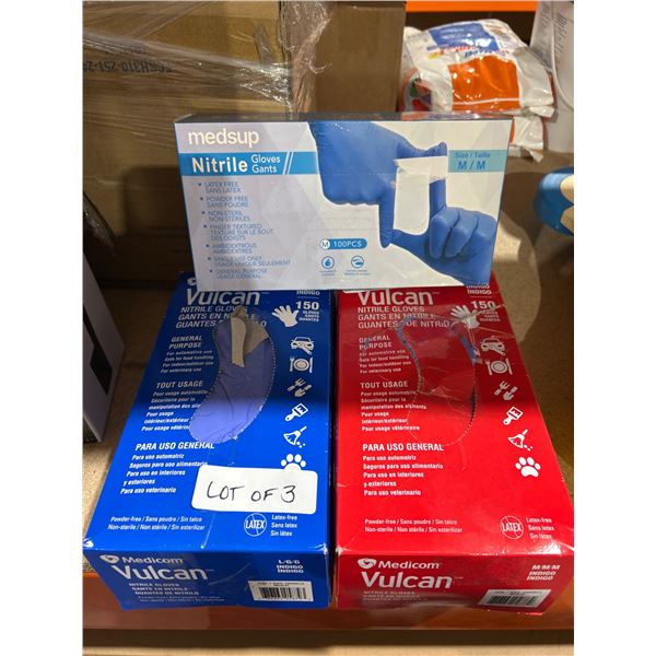 Lot of 3 Nitrile Gloves by Medsup and Medicom, Assorted Sizes and Colors
