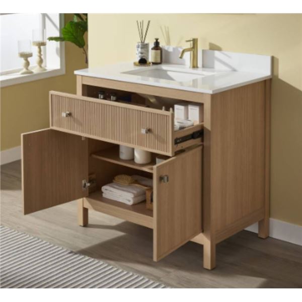 Glacier Bay Josine 36 inch W x 20.5 inch D x 34.5 inch H Light Oak Bathroom Vanity with Ceramic Top 