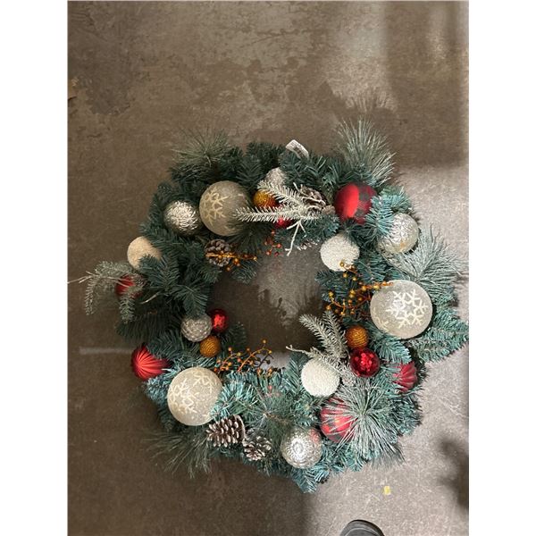 Decorative Holiday Wreath with Ornaments and Pinecones