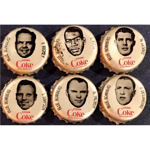 1965 COCA COLA CFL BOTTLE CAPS - WINNIPEG BLUE BOMBERS (6)