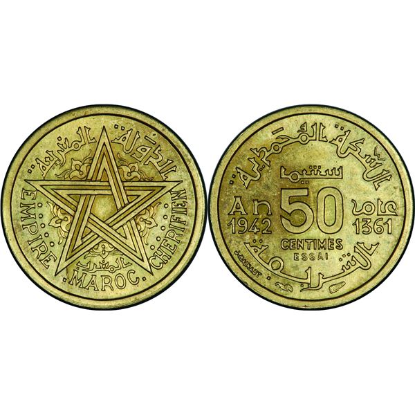 Mohammed V (1346-1380 H / 19271961) 50 Centimes Essai, 1361 H-1942 , Bronze-Alu 2 g. Ref : Lec . 217