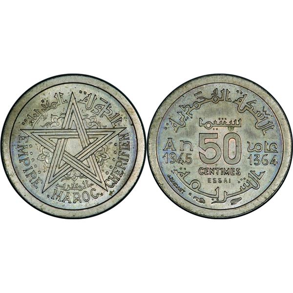 Mohammed V (1346-1380 H / 19271961) 50 Centimes Essai, 1364 H-1945 , Cu-Ni 3 g. Ref : Lec . 217 Grad