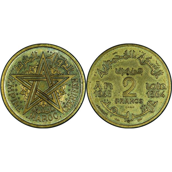 Mohammed V (1346-1380 H / 19271961) 2 Francs Piéfort , 1361 H-1942 , Bronze-aluminium 8 g. frappe mé