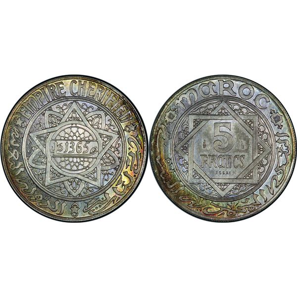 Mohammed V (1346-1380 H / 19271961) 5 Francs  Essai en argent, 1365 H-1945 , AG 11.9 g. g. tranche s