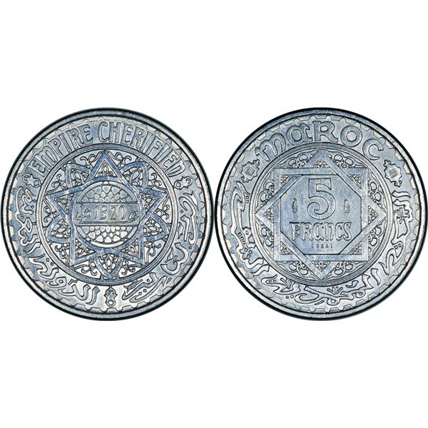 Mohammed V (1346-1380 H / 19271961) 5 Francs  Essai, 1370 H-1950 , Alu 1.85 g. tranche lisse Ref : L