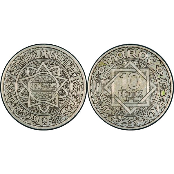 Mohammed V (1346-1380 H / 19271961) 10 Francs piéfort, 1366 H-1947 , AG 10 g.  Ref : Lec . 257 Gradi