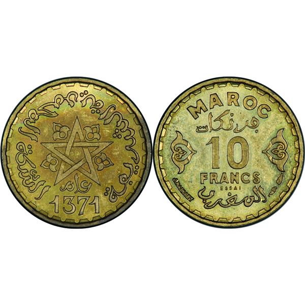 Mohammed V (1346-1380 H / 19271961) 10 Francs Essai, 1371 H-1951 , Bronze-Alu 3 g.  Ref : Lec . 261 