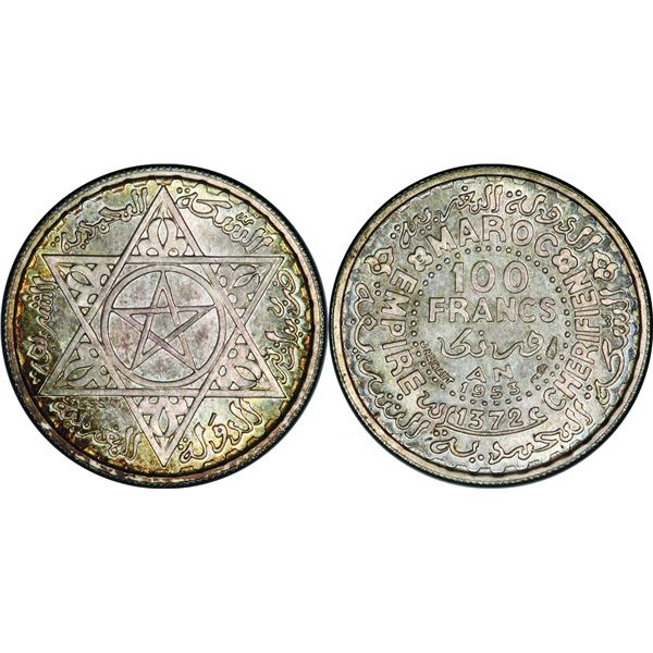 Mohammed V (1346-1380 H / 19271961) 100 Francs Essai  , 1372 H-1953 , AG 2.2 g.  Ref : Lec . 287 Gra