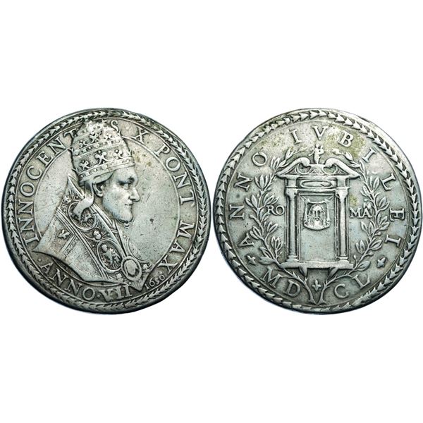 Innocentius X 1644-1655 Piastra, Rome, AN VII, 1650, AG 31,38 g. Ref: MIR 1803/1 (R3), Munt. 10, Ber