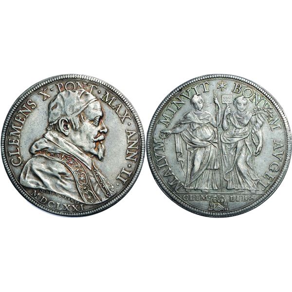 Clemens X 1670-1676 Piastra, Rome, AN II, 1671, AG 31,81 g. Ref: MIR 1932/1 (R3), Munt. 19, Berman 2