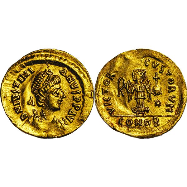 Justinian I 527-565 , Tremissis, Constantinople, AU 1.18 g. Ref : Sear 145, Doc 19, Fr. 76  Conserva