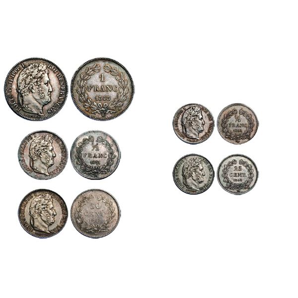 Louis Philippe 1830-1848, Lot de 5 monnaies  en TTB/SUP 1 Franc, Paris, 1848 A, AG 4,9 g. / G.453 50