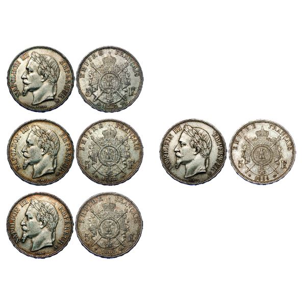 Second Empire 1852-1870, Lot de 4 monnaies en TTB/SUP 5 Francs, Strasbourg, 1867 BB, AG 24,9 g. /  G