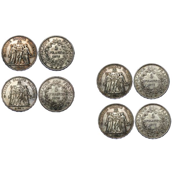 Troisième République 1870-1940 Lot de 4 monnaies en TTB/SUP 5 francs Hercule, Paris, 1875 A, AG 24,9