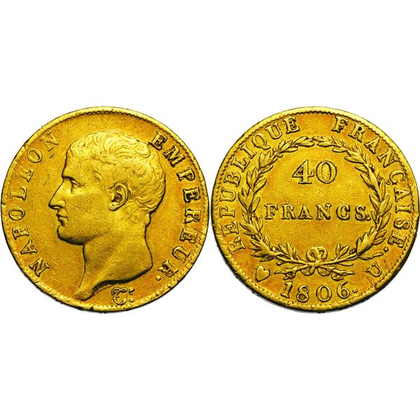 Département de l'Éridan 1802-1814 40 Francs, Turin, 1806 U, AU 12.90 g. Ref : G. 1082a, Pag. 13, Fr.