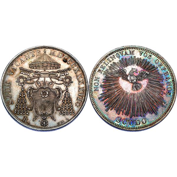 Sede Vacante. 1846 Scudo Romano, AG 26.87 g.  Avers :  Armoiries surmontées de clés croisées et de  