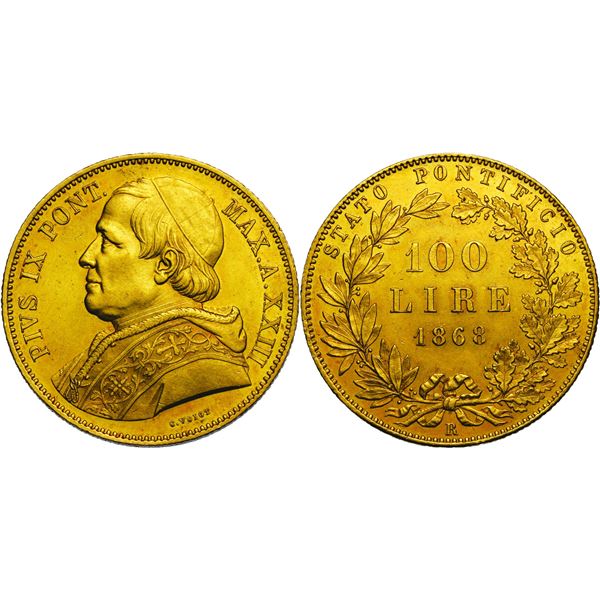 Pius IX 1846-1870  Système de la Lire Pontificale 100 Lire, Rome, 1868, AN XXIII, AU 32,25 g. Avers