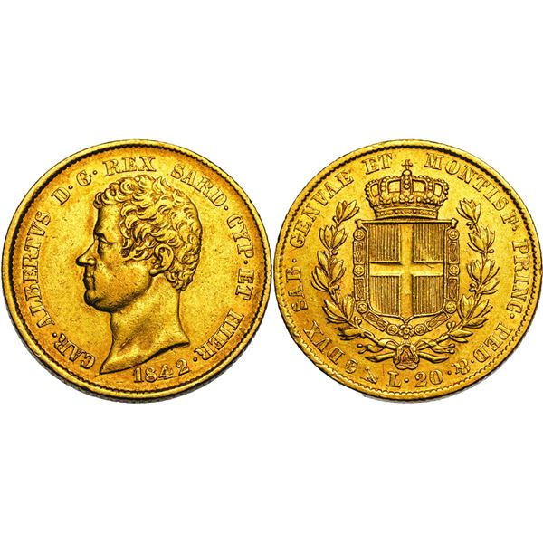 Carlo Alberto 1831-1849  20 lire, Genova, 1842 (P), AU 6.4 g.  Ref : Cud. 1156s, MIR.1045, Pag. 194
