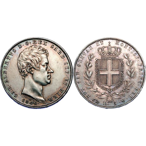 Carlo Alberto 1831-1849  5 lire, Genova, 1844, AG 24,9 g.  Ref : Cud. 1159, Pag. 255  Conservation :