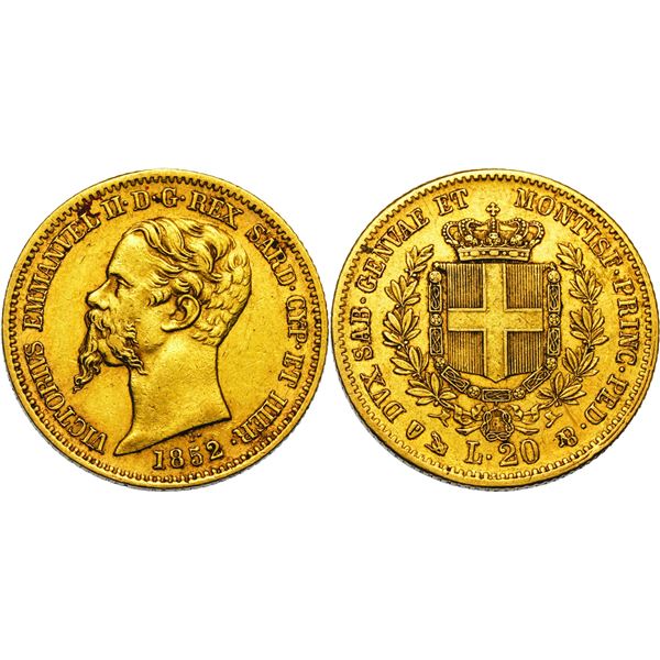 Vittorio Emanuele II, Re di Sardegna 1849-1861 20 Lire, Genova, 1852, F sous le cou , AU 6.5 g. Ref
