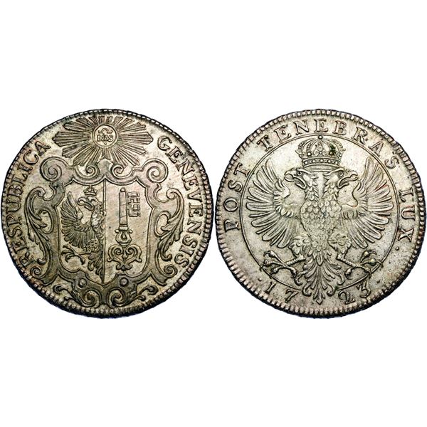 Switzerland,Thaler 1723, AG 27.16 g.  Avers : RESPUBLICA - GENEVENSIS Armes de Genève  dans un carto