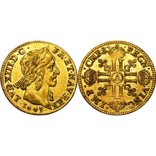 Louis XIII 1610-1643, Louis d'or, à la mèche courte, Paris, 1643 A,  AU 6.72 g. Ref : G. 58 (R2), Fr