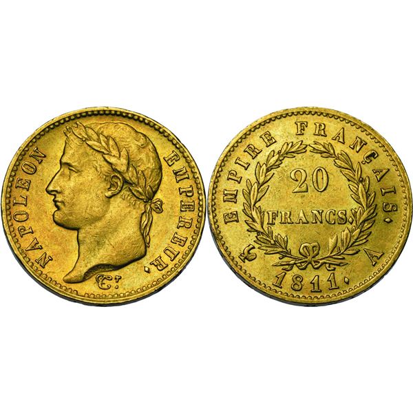 Premier Empire 1804-1814, 20 Francs, Paris, 1811 A, AU 6.45 g. Ref : G. 1025, Fr. 511  Conservation