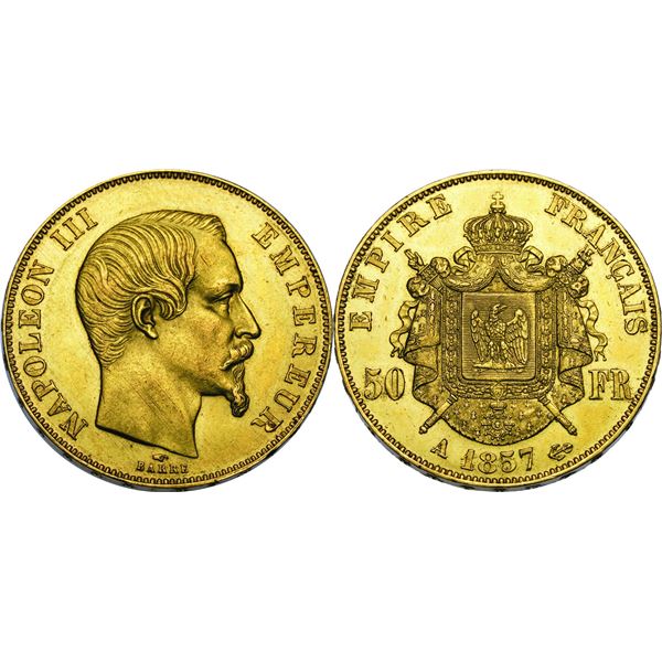 Second Empire 1852-1870 50 Francs, Paris, 1857 A, AU 16,12 g. Ref : G.1111, Fr. 571 Conservation : S