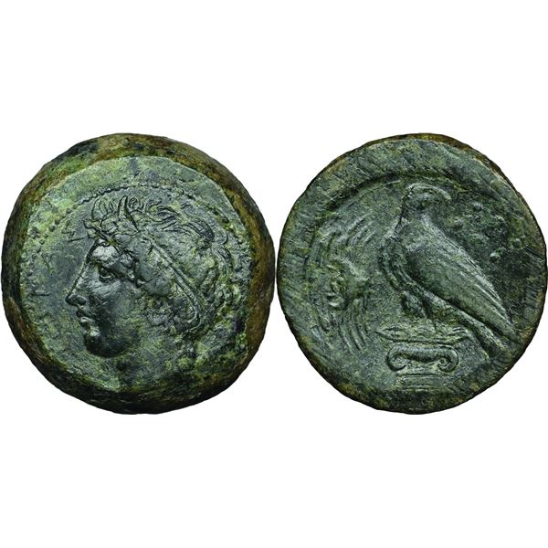 Akragas AE Hémilitron, vers 400-380 av. J.C., AE 17.05 g.  Avers : Tête diadémée du dieu fleuve à ga