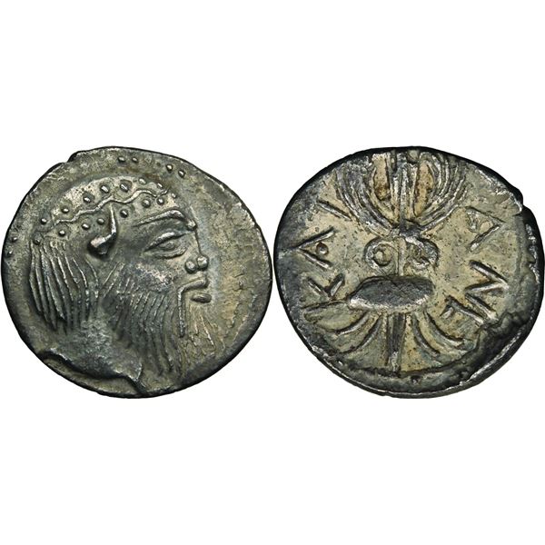 Catana Litra, vers 461-450 av. J.C., AG 0.72 g. Avers : Tête de Silenos à droite  Revers : Foudre ai