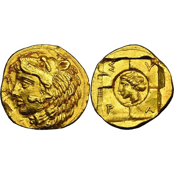 20 litrae, 405-400 av. J.C, AU 1.18 g. Avers : Tête du jeune Héraclès à gauche, portant une coiffe e